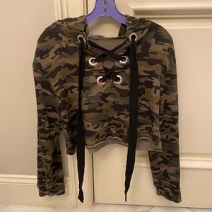 Zara camo tie front cropped hoodie with embroidered rose